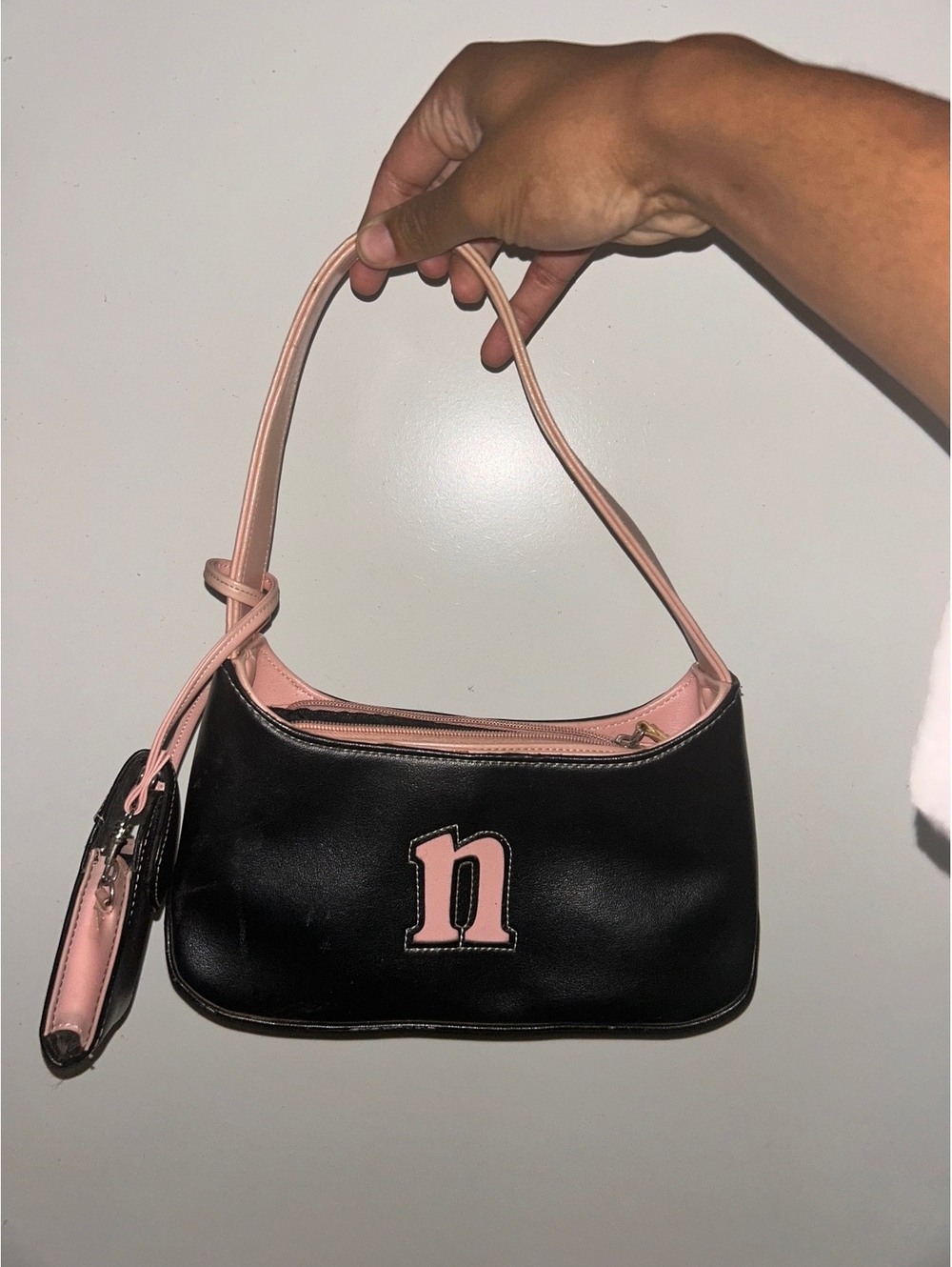 Black and Pink Women's Shoulder Bag with Small Attached Pouc